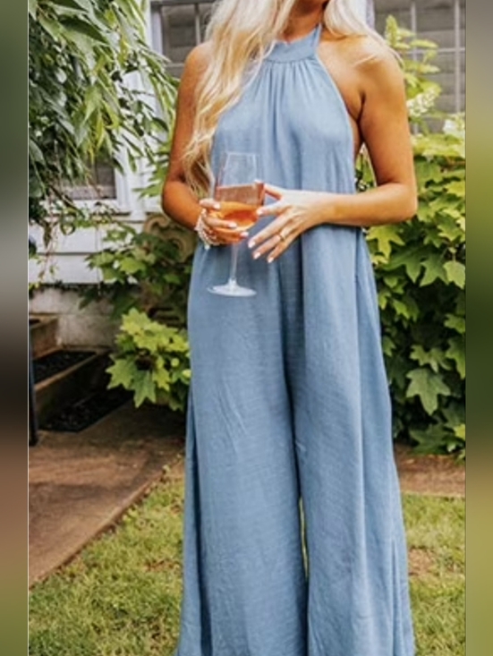 Pants - Halter Neck Wide-Leg XL Jumpsuit Dusty Blue 3522-AG